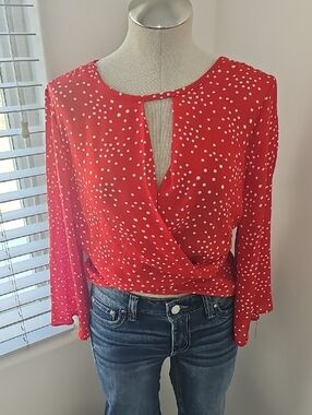 BKE Red Polka Dot Wrap-Front Blouse